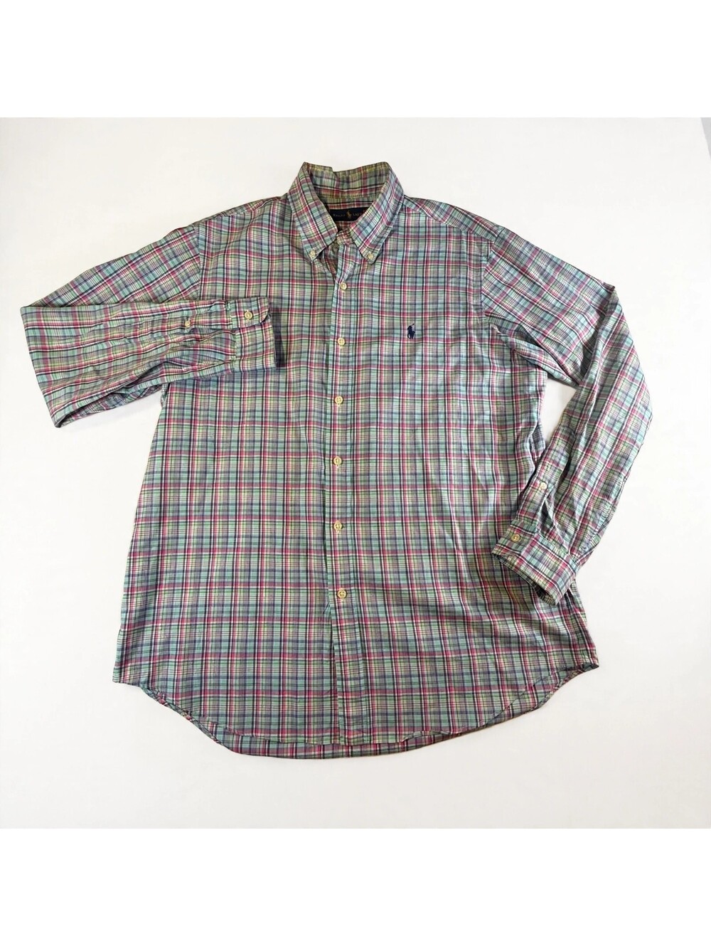 Ralph Lauren Plaid Shirt Men's L Green Pink Blue Long Sleeve Button Down